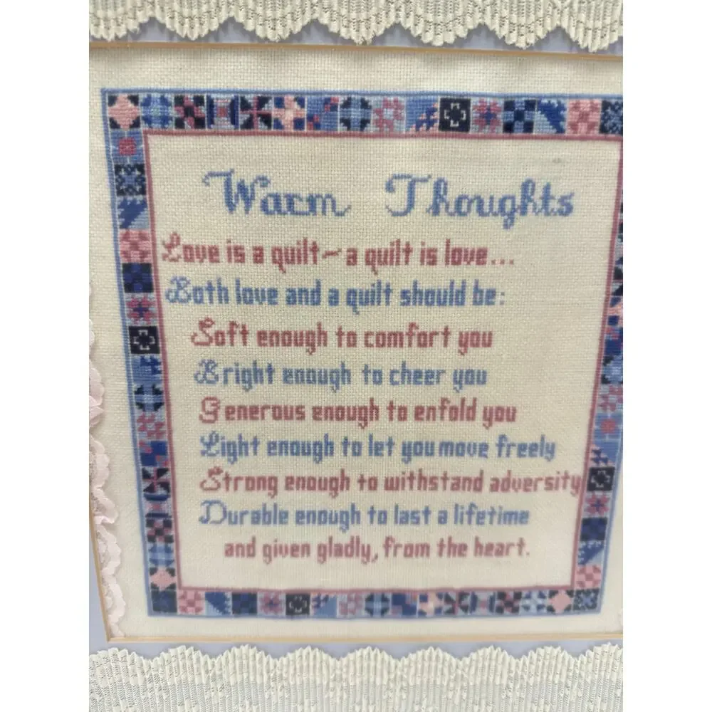 Framed Warm Thoughts Cross Stitch Quilt Saying Wall Art Lace Trim Oak Frame